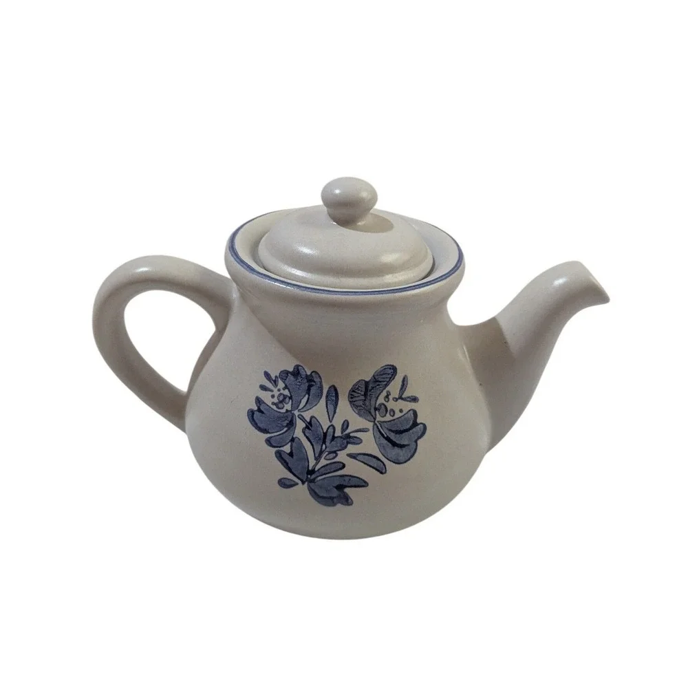 Pfaltzgraff Yorktowne Teapot with Lid Blue Floral Gray Stoneware Vintage Pottery